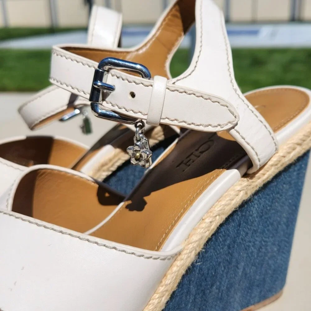 Coach Eaton Chalk Platform Wedge Sandals ivory & denim Size 7B
